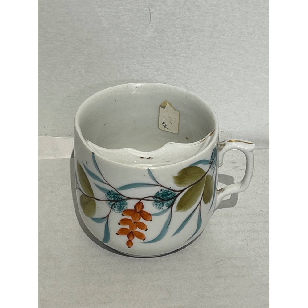 Antique Victorian Hand Painted Porcelain‎ Mustache Cup Botanical Gold Gilt White